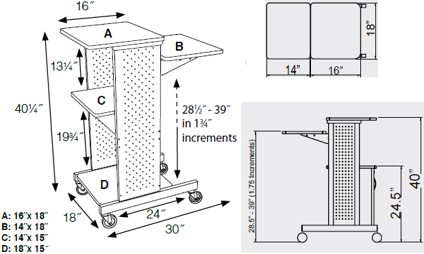 Technical Drawing for Luxor PS4000 Mobile Presentation Workstation