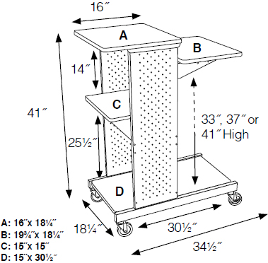 Technical Drawing for Luxor WPS4BRCE Boardroom Presentation Workstation with Cabinet and 7 Outlet 25' Electric Cord