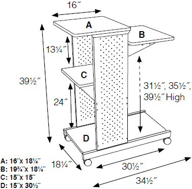 Technical Drawing for Luxor WPS4CE Mobile Presentation Station with Cabinet and 3 Outlet 15' Electric Cord