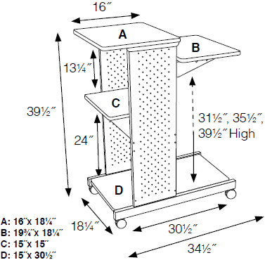 Technical Drawing for Luxor WPS4CE Mobile Presentation Station with Cabinet and 3 Outlet 15' Electric Cord