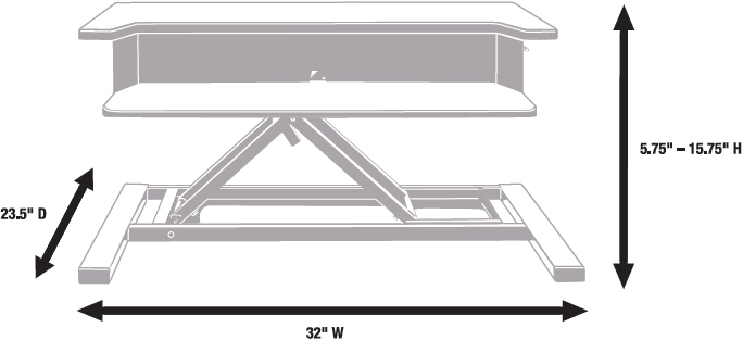 Technical Drawing for Luxor LVLUP PRO32-WO Level Up 32 Pro Standing Desk Converter