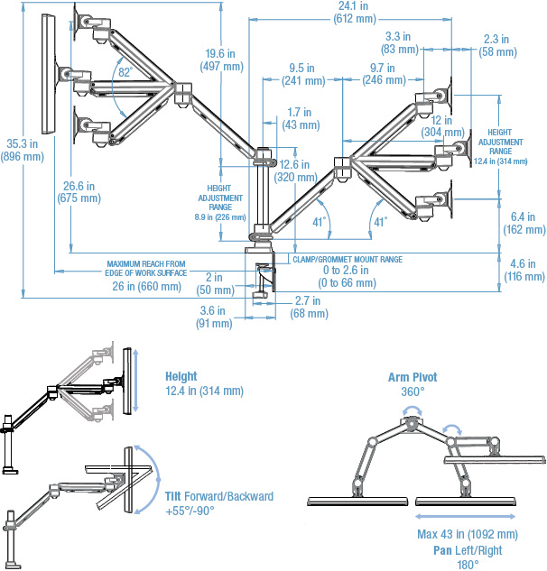 Technical drawing for 3M MA260MB Easy Adjust Dual Monitor Arm