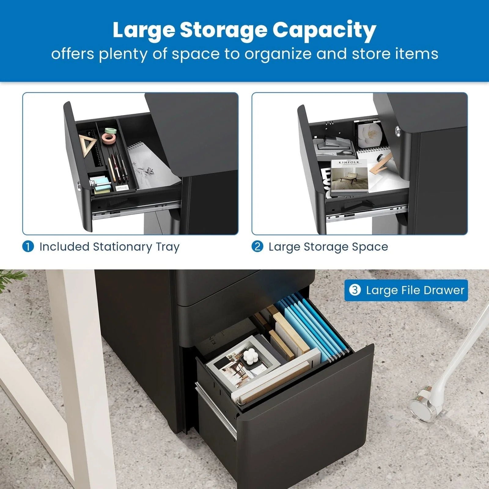MOUNT-IT! MI-944 Slim Rolling File Cabinet with 3 Drawers