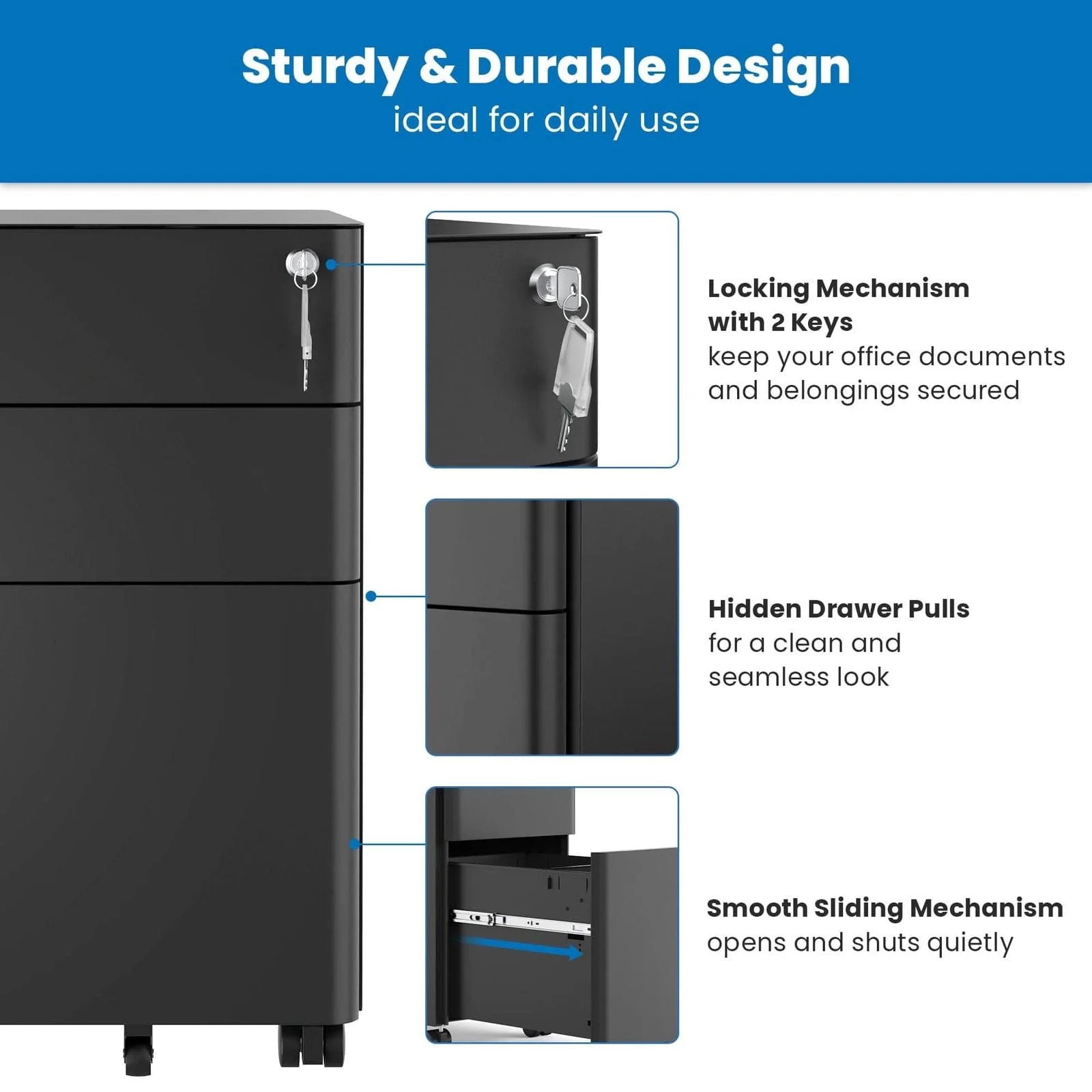 MOUNT-IT! MI-944 Slim Rolling File Cabinet with 3 Drawers