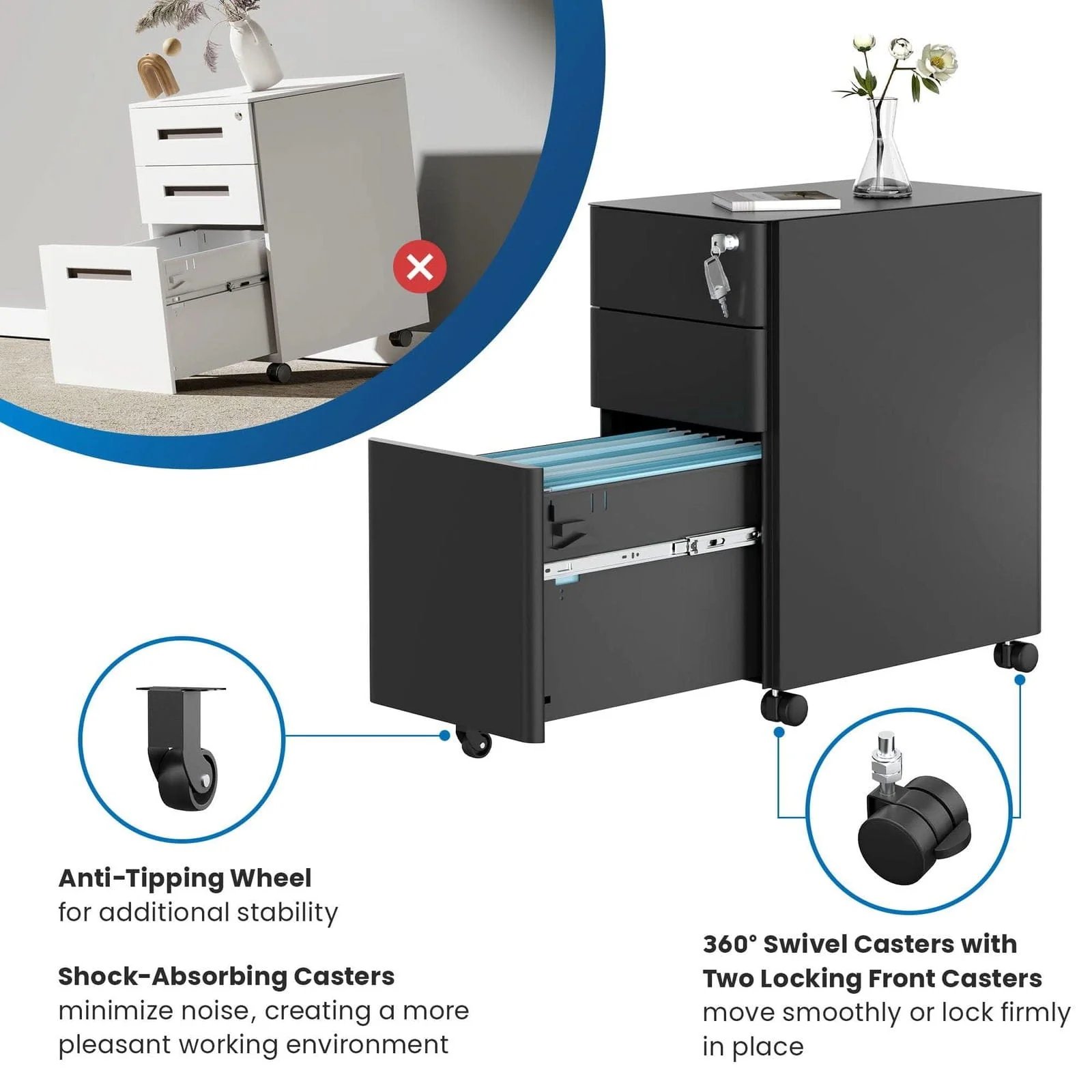 MOUNT-IT! MI-944 Slim Rolling File Cabinet with 3 Drawers