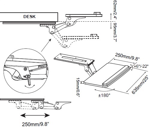 Technical drawing for Mount-IT! MI-7132 Adjustable Keyboard and Mouse Platform w/ Wrist Rest Pad