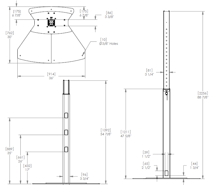 Technical Drawing for Chief QMP1FB Fixed Base Music Production Center Stand