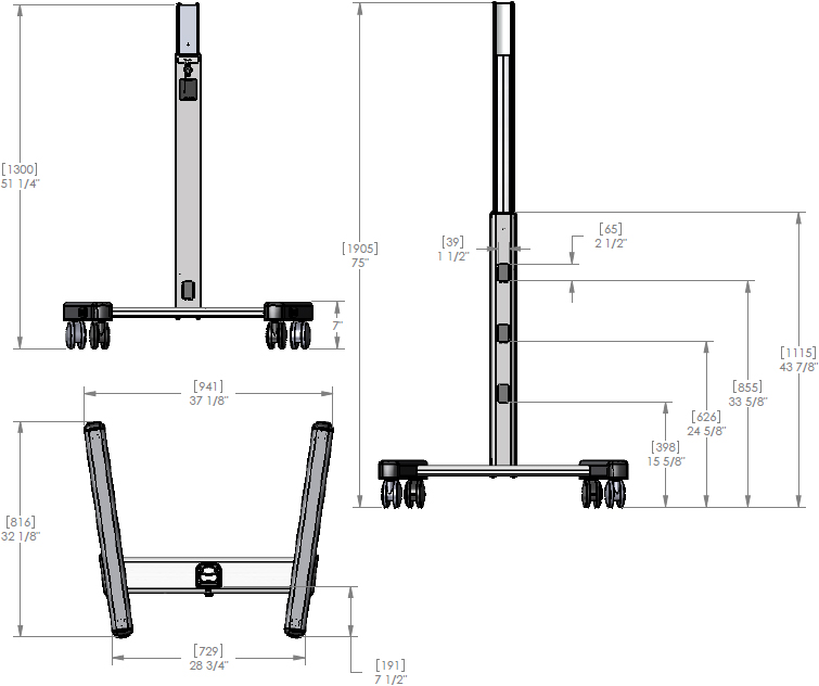 Technical Drawing for Chief QMP1MB Mobile Base Music Production Center Cart