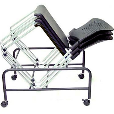 Office Master ST200 Ergonomic Stackable Side Guest Chairs are stacked on dolly