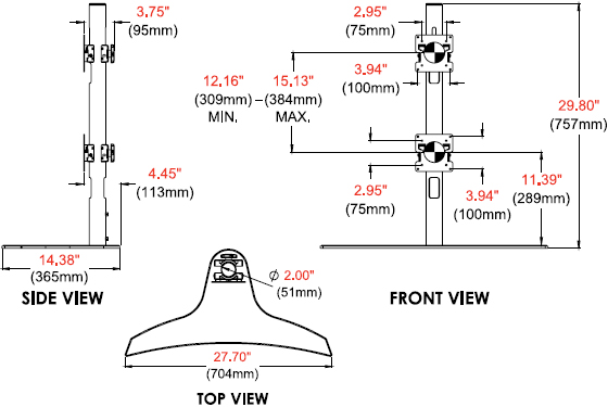 Technical Drawing for Peerless LCT650SD 1x2 Freestanding Desktop Stand for 24