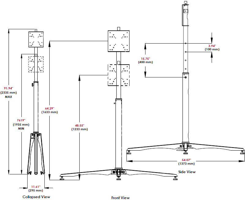 Technical Drawing of Peerless FPZ-640 Practico Flat Panel Stand up to 42" Display
