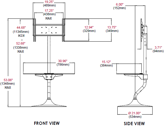 Technical Drawing of Peerless FPZ-646 Flat Panel Stand for 32"-46" Displays