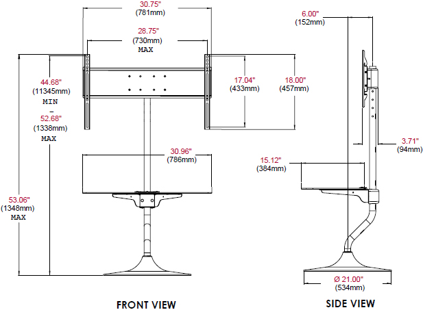 Technical Drawing of Peerless FPZ-655 Flat Panel Stand for 32"-55" Displays