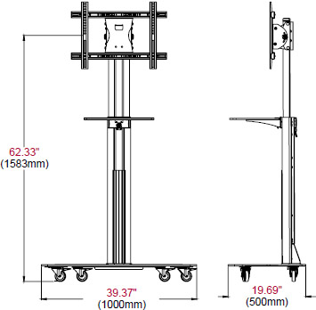 Technical Drawing of Peerless SC550GL SG5 Series Floor Cart for 42"-58" Displays up to 150 lbs with Glass Base