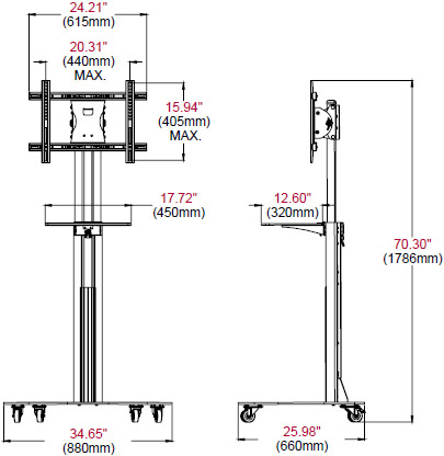 Technical Drawing of Peerless SC550 SG5 Series Floor Cart for 42"-58" Displays up to 150 lbs with Metal Base