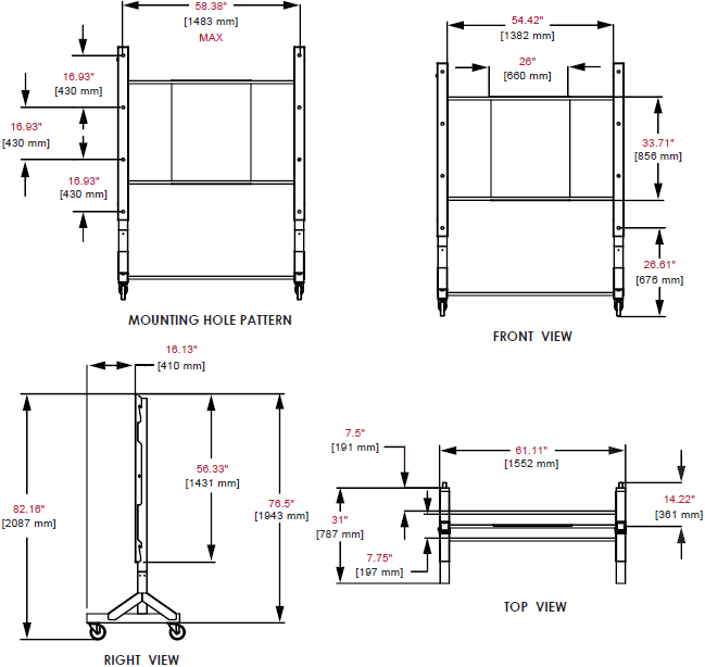 Technical Drawing for Peerless DS039 Largest Flat Panel Display Cart or Stand