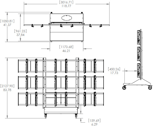 Technical Drawing for Premier MVWC-3X3 Mobile Video Wall Cart