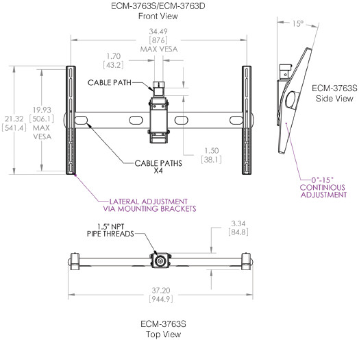 Technical Drawing for Premier ECM-3763S Single Flat Panel Ceiling Mount
