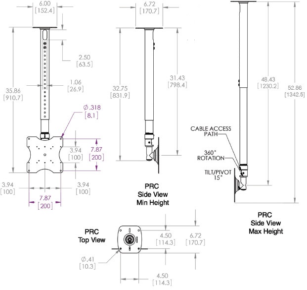 Technical Drawing for Premier PRC Height Adjustable Ceiling Mount