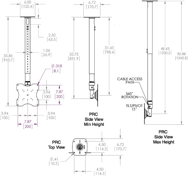 Technical Drawing for Premier PRC Height Adjustable Ceiling Mount