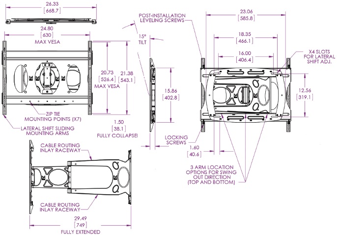 Technical Drawing of Premier AM100 Low-Profile Ultra-Slim Swingout Wall Mount