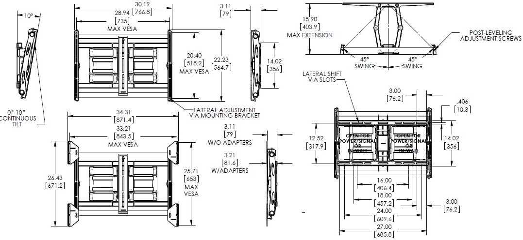 Drawing of Premier AM175 Articulating Swingout Wall Mount Arm