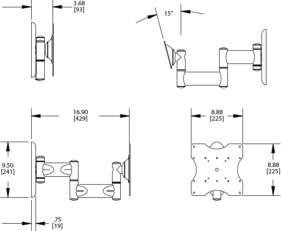 Technical Drawings for Premier AM50 Flat Panel VESA Articulating Swingout Arm