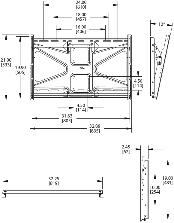 Technical Drawing of Premier CTM-MS2 Tilting Wall Mount