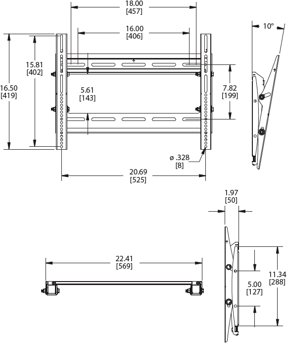 Technical Drawings for Premier P2642T Tilting Low-Profile Wall Mount