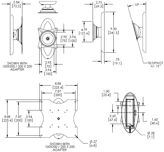 Technical Drawing for Premier PTM-B Single Stud Tilt and Pivot Wall Mount