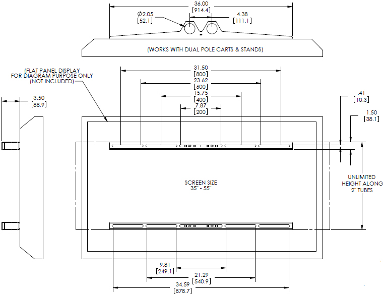 Technical Drawing of Premier UFA Universal Flat Adapter Mount for Dual-Pole Carts and Stands