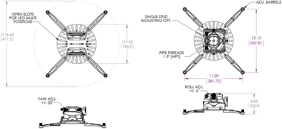 Technical Drawing for Premier FTP Universal Fine-Tune Projector Mount
