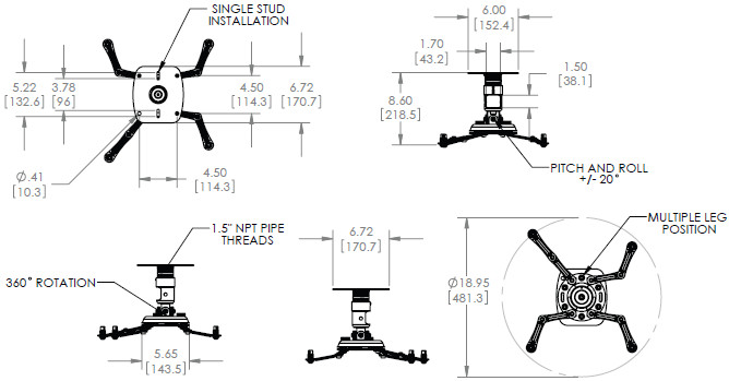 Technical Drawing for Premier FTP Universal Fine-Tune Projector Mount