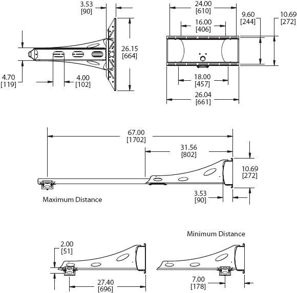 Technical Drawings for Premier UNI-EXT or UNI-EXB Short Throw Projector Mount
