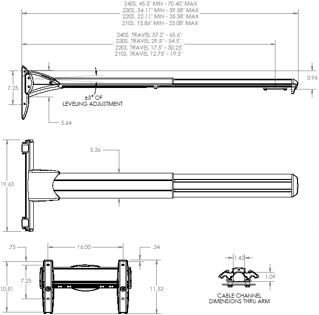 Technical Drawing of Chief WM220S Medium Dual Stud Short Throw Wall Mount Extension Arm