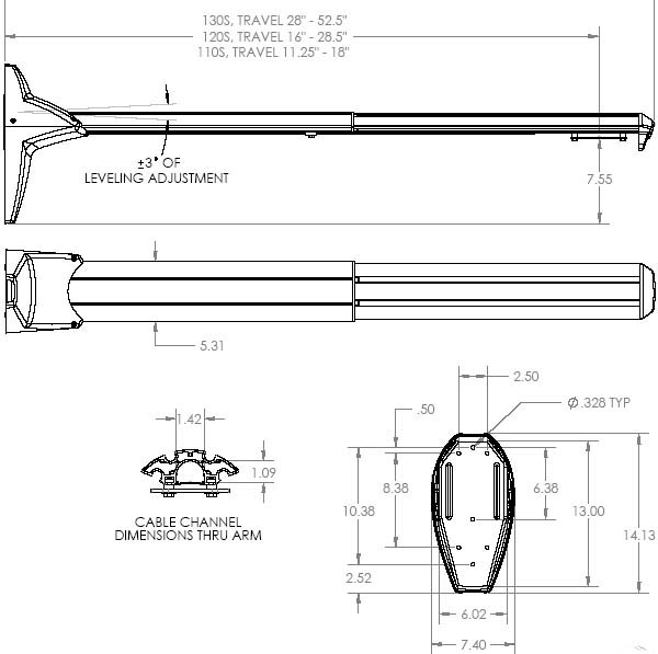 Technical Drawing of Chief WM120AUS Medium Single Stud Short Throw Projector Mount Extension Arm