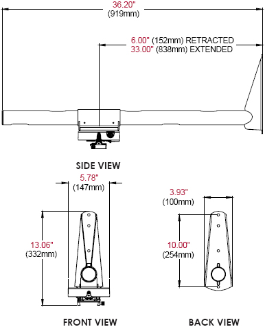 Technical Drawing of Peerless PSTA-028 Ultra Short Throw Projector Mount