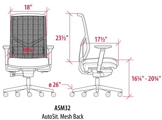 Technical Drawing for Sitmatic AutoSit Mesh Back Task Chair - ASM3
