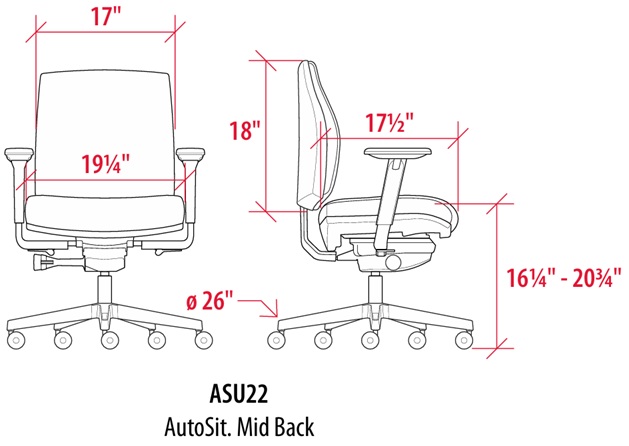 Technical Drawing for Sitmatic AutoSit Mid Back Task Chair - ASU2