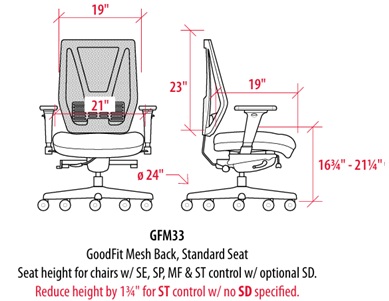Technical Drawing for Sitmatic GoodFit Mesh Back Task Chair - GFM3