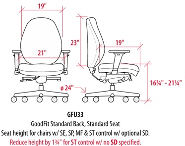 Technical Drawing for Sitmatic GoodFit GFU1 Low Back Task Chair for petite users
