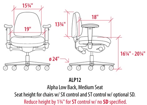 Technical Drawing for Sitmatic Standard Back Alpha Chair ALP3