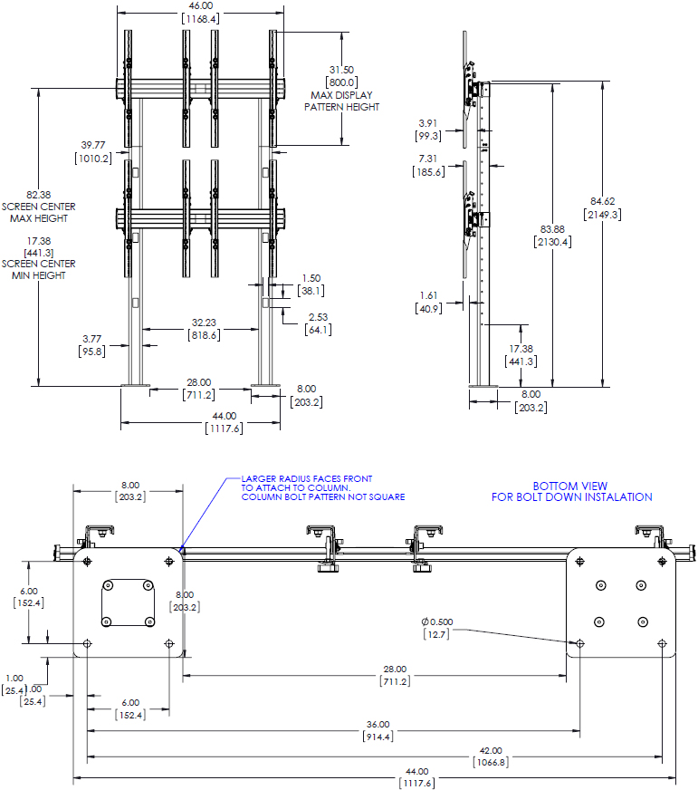 Technical Drawing for Chief LBM2X2UP 2x2 Portrait Bolt-Down Freestanding Video Wall