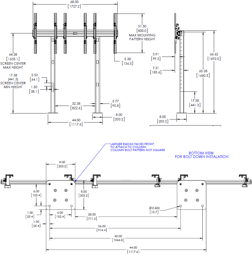 Technical Drawing for Chief LBM3X1UP 3x1 Portrait Bolt-Down Freestanding Video Wall
