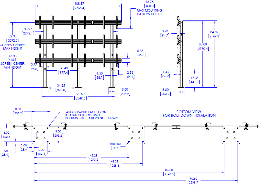 Technical Drawing for Chief LBM3X3U FUSION 3x3 Large Bolt Down Freestanding Video Wall