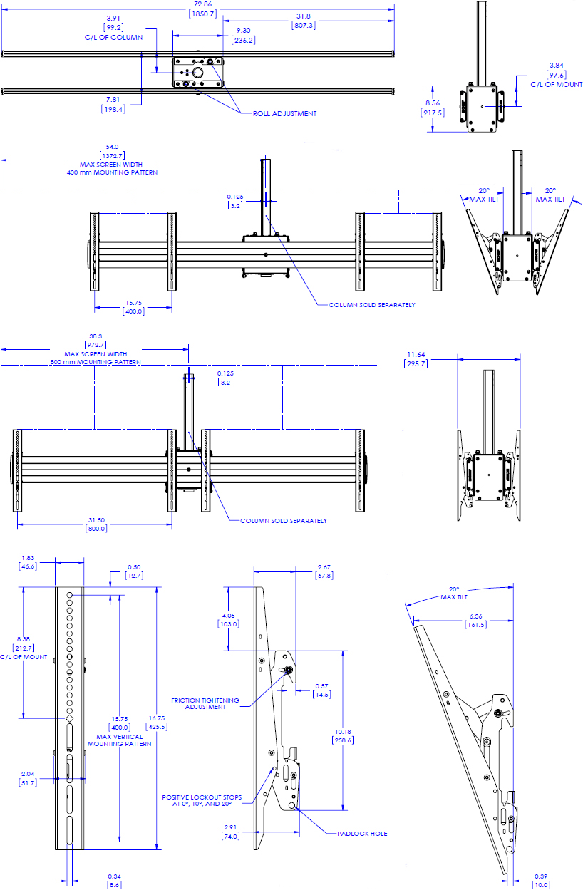 Technical Drawing for Chief LCB2X1U FUSION Large Back to Back Ceiling Mounted 2x1 Menu Board