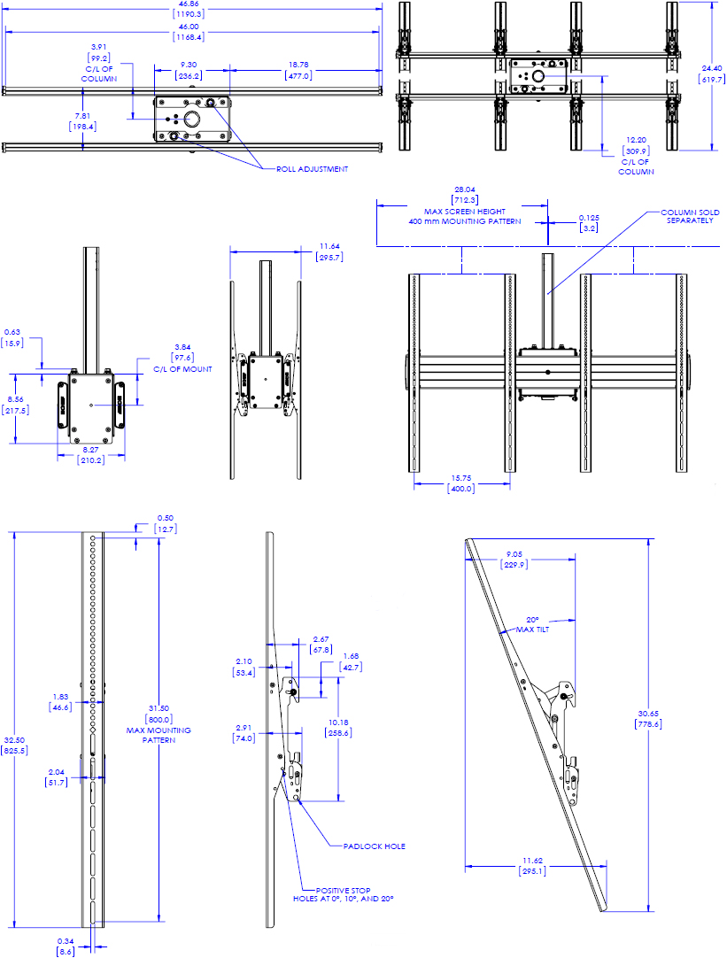 Technical Drawing for Chief LCB2X1UP FUSION Large Ceiling Portrait Back to Back Menu Board