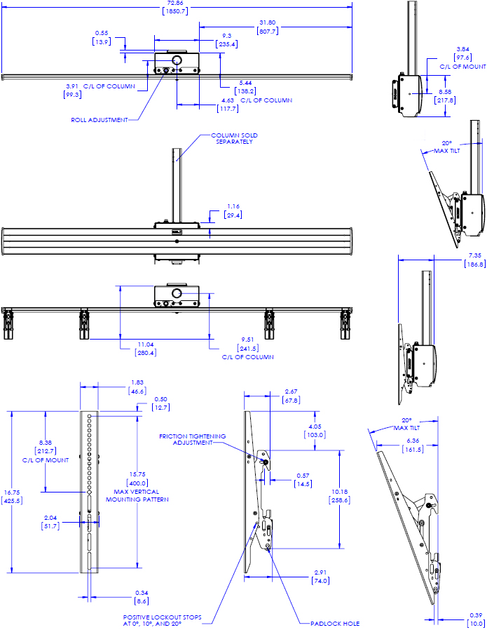 Technical Drawing for Chief LCM2X1U FUSION Large Ceiling Mounted 2x1 Menu Board