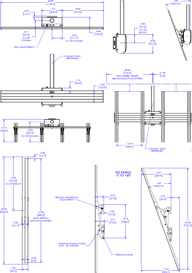 Technical Drawing for Chief LCM2X1UP FUSION Large Ceiling Mounted 2x1 Portrait Menu Board