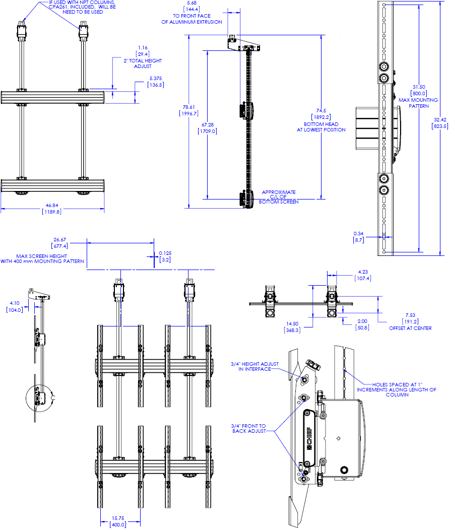 Technical drawing for Chief LCM2x2UP Portrait Large Ceiling Mounted 2x2 Video Wall